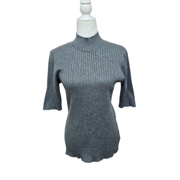 Madison Grey Ribbed Knit Sweater Half Sleeve Mock Turtleneck Gray Womens Large - Picture 1 of 11